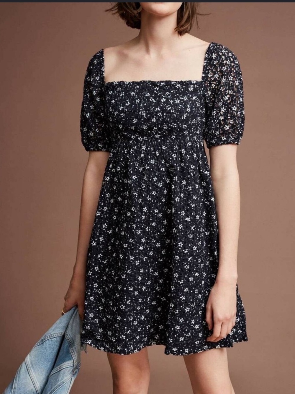 Maeve Anthropologie Lillianne Navy White Floral Print puff sleeve dress 0 $148